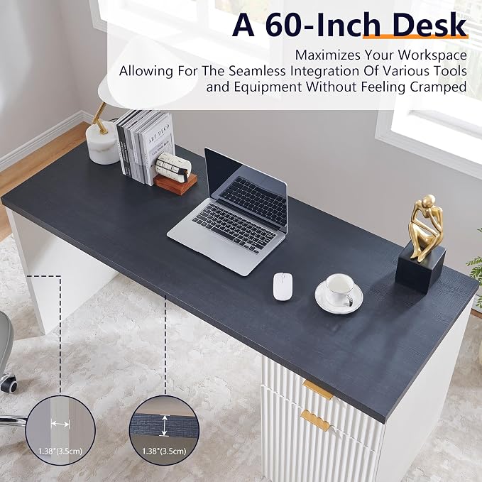 60" Fluted Home Office Desk, Reversible Left‑Right Cabinet, Built‑in Outlet | Reversible design lets you fix the cabinet on left‑hand or right‑hand side to fit your room layout