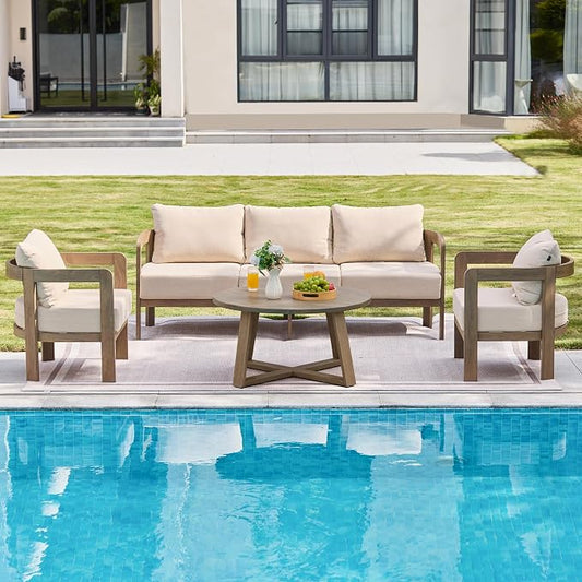 Patio Furniture Set, 4 Pieces Outdoor Furniture Patio Conversation Set with Washable Thick Cushions, Outdoor Couch Patio Sofa Set for Balcony, Porch, Backyard, Beige
