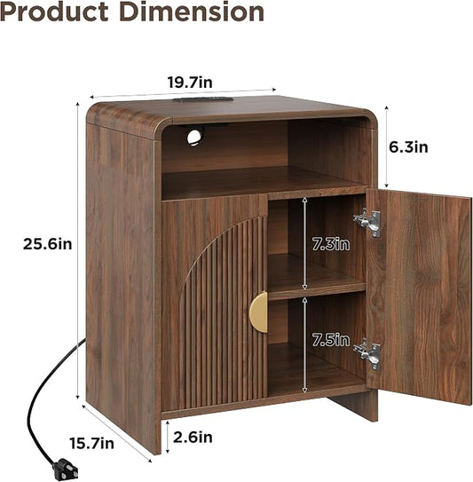 Nightstand with Charging Station and LED Lights, Night Stands with Adjustable Storage Cabinet, Modern Side Table with Fluted Doors and Open Storage, Bedside Table for Bedroom, Walnut