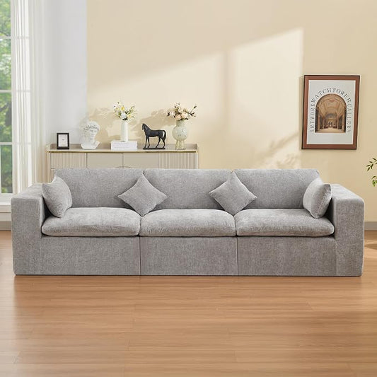 115''Cloud Boneless Sectional Couch, Modular Sectional Sofa Deep Seat, Oversized Upholstered Convertible Comfy 3 Seater Chenille Memory Foam Sofa Couches for Living Room, Light Grey