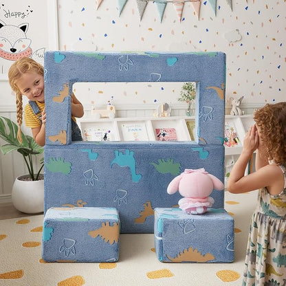 MeMoreCool Modular Kids Couch Dinosaur, Glow Dino Play Toddler Couch for Bedroom, Convertible Foam Kids Sofa Bed, Fold Out Baby Sofa for Girl Boy