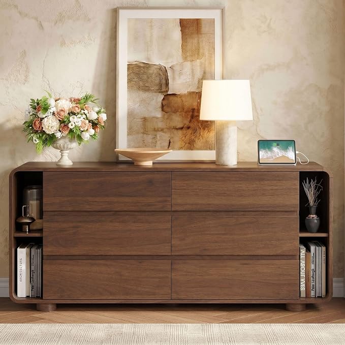 Whalefall 63 Inch 6 Drawer Dresser with Shelves, Rounded Corner, Walnut | Large Chest of Drawers for Bedroom, Mid Century Modern, Wood Closet Storage Organizer, Wide TV Stand for Living Room