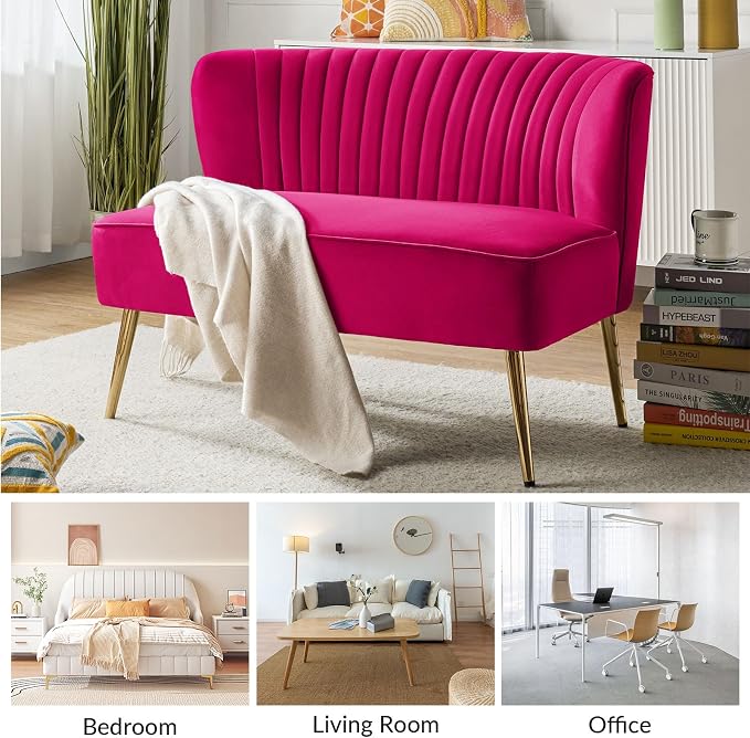 TINA'S HOME Contemporary Velvet Loveseat Sofa, Upholstered Loveseat Couch with Golden Metal Legs, Small Tufted 2-Seat Sofa Armless Love Seat for Living Room, Bedroom, Apartment Small Spaces, Fuchsia