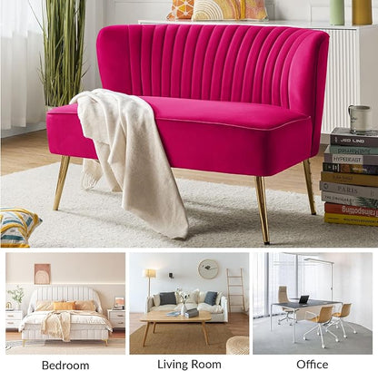 TINA'S HOME Contemporary Velvet Loveseat Sofa, Upholstered Loveseat Couch with Golden Metal Legs, Small Tufted 2-Seat Sofa Armless Love Seat for Living Room, Bedroom, Apartment Small Spaces, Fuchsia