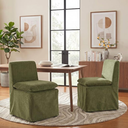 KISLOT Upholstered Dining Chairs Set of 2 with Casters, Modern Armless Kitchen Chairs with Removable Washable Cover, Chenille Velvet Fabric, Sturdy Metal & Wood Frame, 19.5" Seat Height, Green