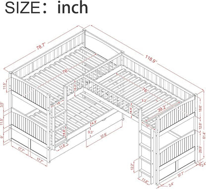 Flieks Triple Bed Twin-Over-Twin-Over-Twin Bed L Shaped Bunk Bed with 2 Drawers and 2 Ladders, No Box Spring Needed