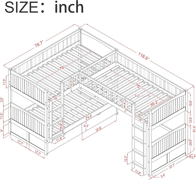 Flieks Triple Bed Twin-Over-Twin-Over-Twin Bed L Shaped Bunk Bed with 2 Drawers and 2 Ladders, No Box Spring Needed