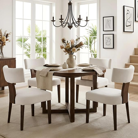 HNY Set of 4 Mid Century Modern Dining Chairs, Farmhouse Velvet Upholstered Accent Chair Curved Backrest Kitchen Chairs, with Hardwood Frame, Cream, Velvet-beige