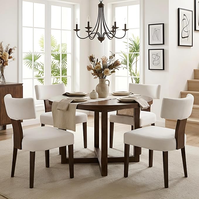 Mid Century Modern Dining Chairs, Farmhouse Velvet Upholstered Accent Chair Curved Backrest Kitchen Chairs Set of 2, with Hardwood Frame, Cream, Velvet-beige