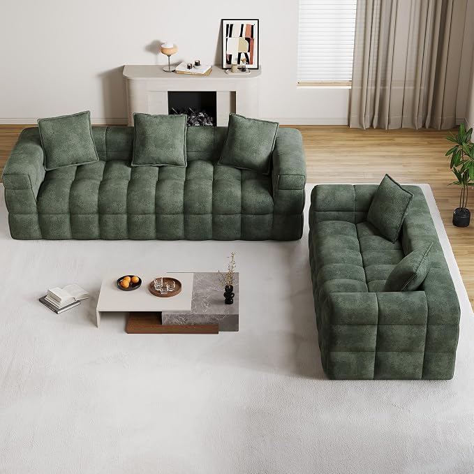 DAMAIFROM Chenille Cloud Sofa Couch Set with 5 Soft Pillows,Comfy Upholstered Chenille LoveSeat Sofa Set,Modern Deep Seat Sherpa Cloud Couch, Oversized Love Seat for Living Room,Olive Green