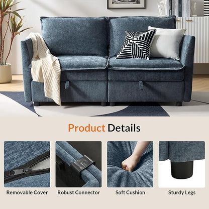 HULALA HOME 67'' Modern Chenille Loveseat Sofa, 2 Seater Couch with Storage, Comfy Deep Seat, Small Loveseat Couches for Living Room Furniture with Pillows, Easy to Install, Blue