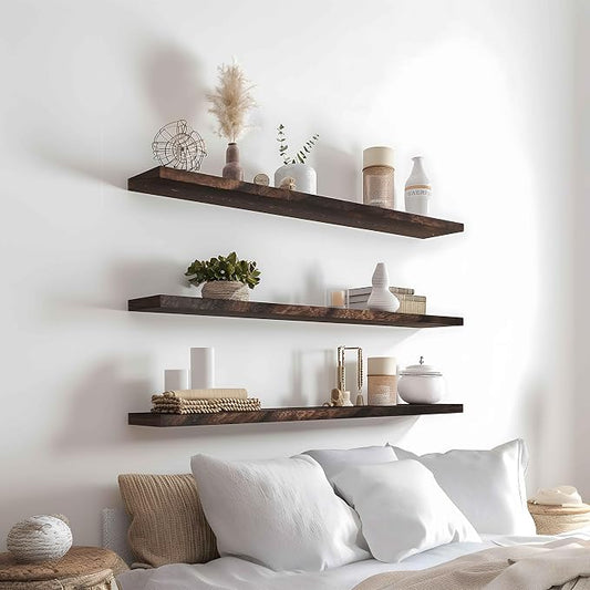 YYWUOJJ Wood Floating Shelves for Wall Decor, Rustic Wall Shelves for Bedroom Bathroom Kitchen Living Room, Set of 4 Walnut 36 Inch