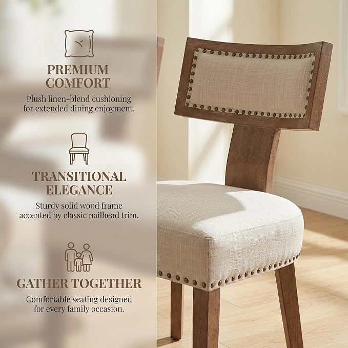 HNY Mid Century Modern Dining Chairs Set of 4, Farmhouse Linen Fabric Upholstered Accent Chairs Curved Nailhead Trim Backrest Kitchen Chairs, with Hardwood Frame, Beige