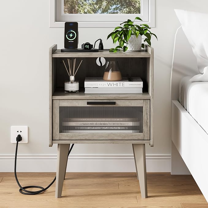 MMEOLUOOK Nightstand with Charging Station, Bedside Tables Oak Grey End Table Side Table with 2 Tiers Storage Space, for Bedroom Living Room MLBZ07GE