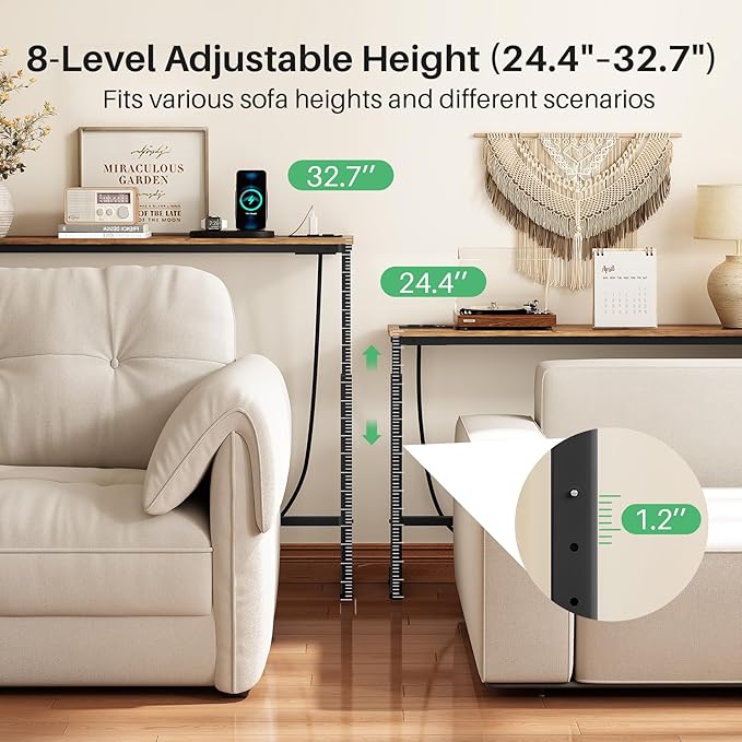 Kitstorack Narrow Sofa Table with Charging Station, 78.8" Behind Couch Table, Adjustable 24.4"-32.7" Height, Modular 2-piece Design for sectionals, entryways, Apartments, and Narrow Living Spaces