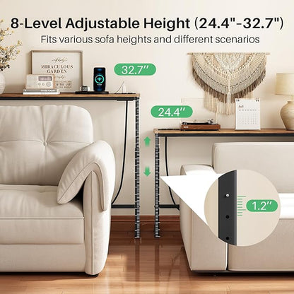 Kitstorack Narrow Sofa Table with Charging Station, 78.8" Behind Couch Table, Adjustable 24.4"-32.7" Height, Modular 2-piece Design for sectionals, entryways, Apartments, and Narrow Living Spaces