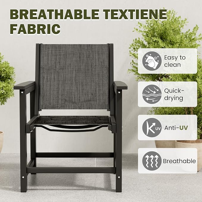 HDPE Outdoor Dining Set for 4, All-Weather Patio Furniture Table and Chair Sets with Umbrella Hole Outdoor Dining Table Sets of 4 Textilene Fabric Patio Chairs for Backyard, Poolside, Garden,Deck