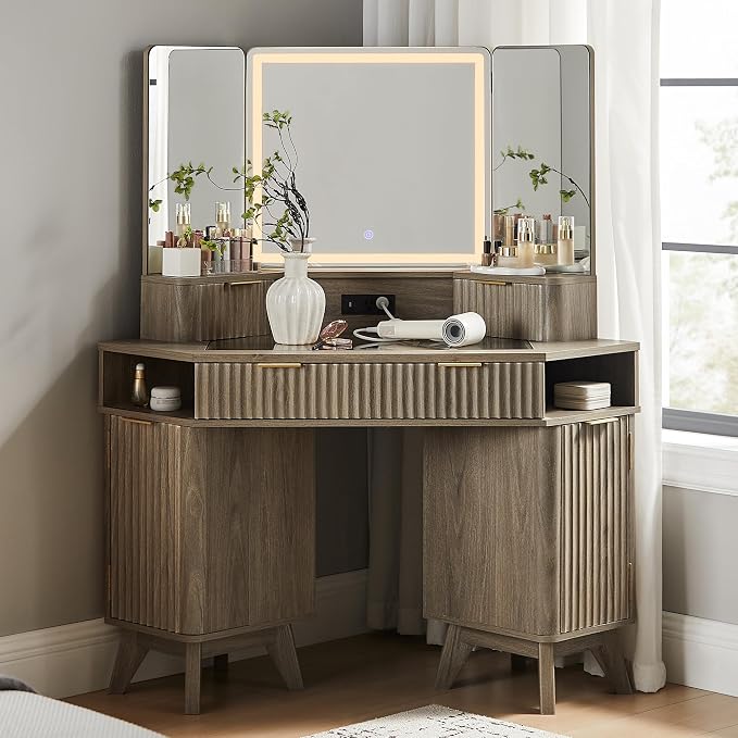 T4TREAM Fluted Makeup Vanity Desk with 3 Way Mirror and Lights, 48" Large Corner Vanity Table with Glass Top, Charging Station, 3 Drawers, Storage Cabinets & Shelves, for Bedroom, Grey Alder