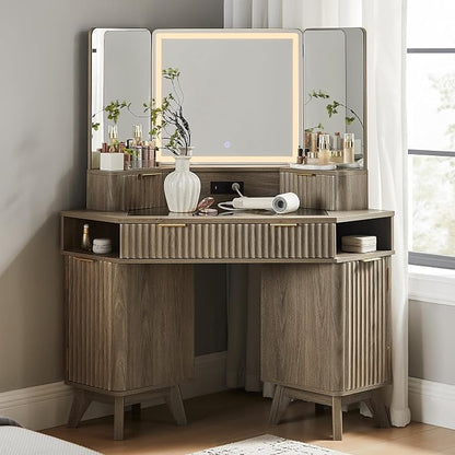 T4TREAM Fluted Makeup Vanity Desk with 3 Way Mirror and Lights, 48" Large Corner Vanity Table with Glass Top, Charging Station, 3 Drawers, Storage Cabinets & Shelves, for Bedroom, Grey Alder