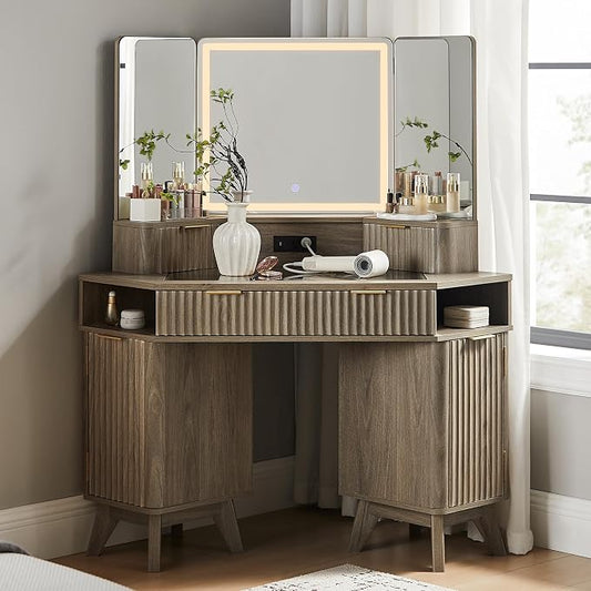 T4TREAM Fluted Makeup Vanity Desk with 3 Way Mirror and Lights, 48" Large Corner Vanity Table with Glass Top, Charging Station, 3 Drawers, Storage Cabinets & Shelves, for Bedroom, Grey Alder