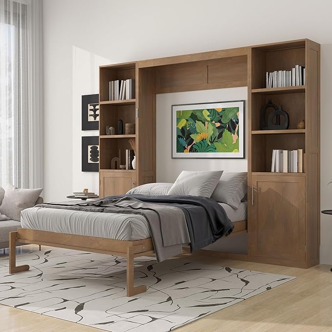 Ball & Cast Murphy Bed Queen Bed Frame with Headboard,Hideaway Bedframe w/Storage Shelves and Cabinets,Wood Wall Chest,Slat Support,can be Folded,No Box Spring Needed,for Small Room,Wood