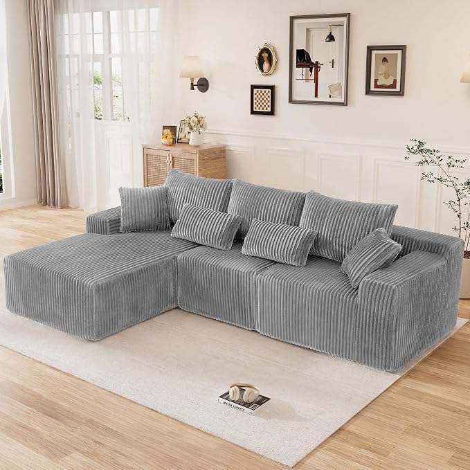 110" L Shaped Cloud Boneless Sectional Couches for Living Room, Modern Comfy Modular Deep Seat Memory Foam Compressed Corduroy Sofa Oversized Left Facing Chaise, No Assembly Required, Grey