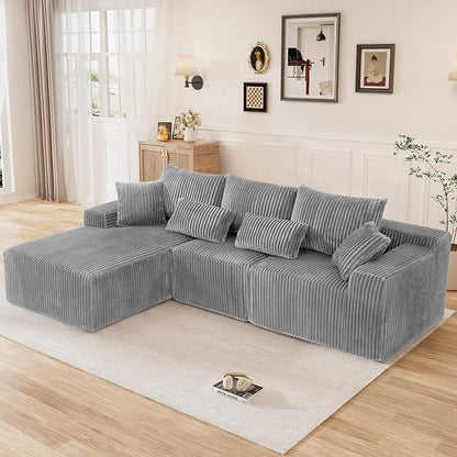 110" L Shaped Cloud Boneless Sectional Couches for Living Room, Modern Comfy Modular Deep Seat Memory Foam Compressed Corduroy Sofa Oversized Left Facing Chaise, No Assembly Required, Grey