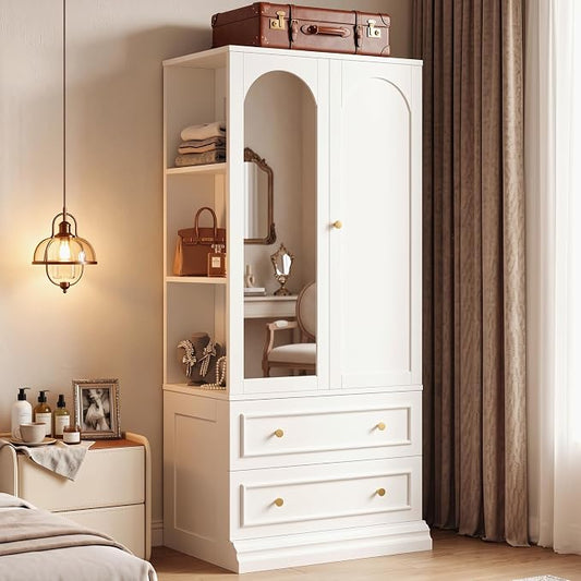 LIKIMIO Armoire Wardrobe Closet with Full Length Mirror, 3 Open Shelves, 71" Freestanding Bedroom Armoire with 2 Drawers, 3 Side Hooks & Hanging Rod, Clothing Storage Cabinet for Bedroom, White