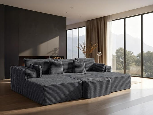 108" Cloud Sectional Couch, Comfort Sleep Sofa for Living Room, Extra Deep Seats No Assembly, Minimalist Modular Couch, Corduroy (Dark Grey, Widen Loveseat Chaise)