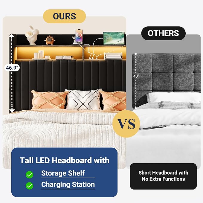 Allewie Full Size Lift Up Hydraulic Storage Bed Frame, 2-Tier Shelf Headboard with LED Lights and Charging Station, USB and Type C Ports, Wingback Velvet Headboard, No Box Spring Needed, Black