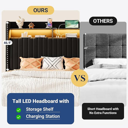 Allewie Queen Size Lift Up Hydraulic Storage Bed Frame, 2-Tier Shelf Headboard with LED Lights and Charging Station, USB and Type C Ports, Wingback Velvet Headboard, No Box Spring Needed, Black