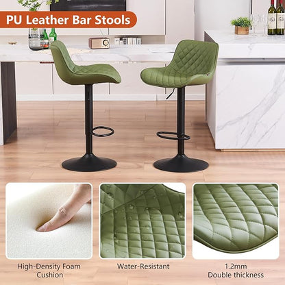 YOUTASTE Olive Green Bar Stools Set of 2, Mid-Century Modern Counter Height Stools for Kitchen Island, Faux Leather Upholstered, Swivel, Adjustable, Bar Chairs with Black Metal Base for Home Bistro
