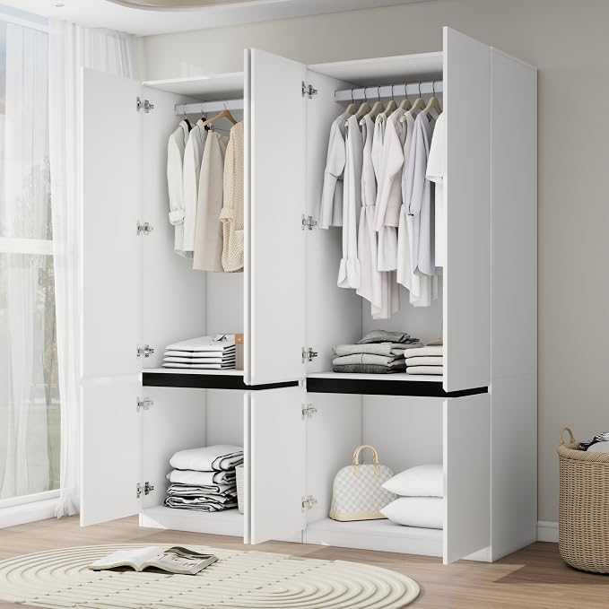 Bedroom Armoire Wardrobe Closet with 4 Doors: 75" White Wardrobe Cabinet for Clothes, Wooden Closet with Hanging Rod, Modern Armoire with Shelves (2)