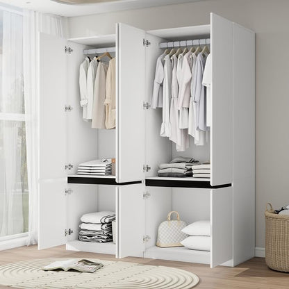 Bedroom Armoire Wardrobe Closet with 4 Doors: 75" White Wardrobe Cabinet for Clothes, Wooden Closet with Hanging Rod, Modern Armoire with Shelves (2)