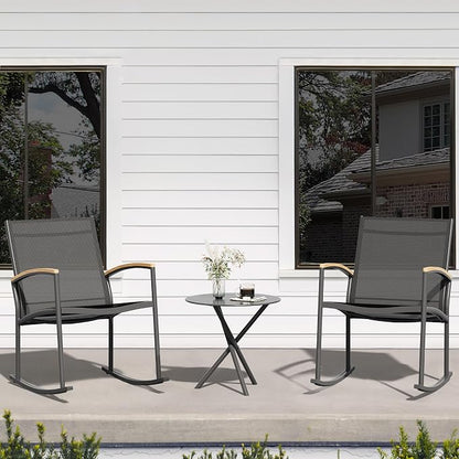 Shintenchi 3 Pieces Patio Rocking Bistro Sets,Outdoor Textilene Fabric Conversation Bistro Set,Front Porch Rocker Chairs Small Patio Furniture Set with Table for Lawn,Garden,Balcony(Black)