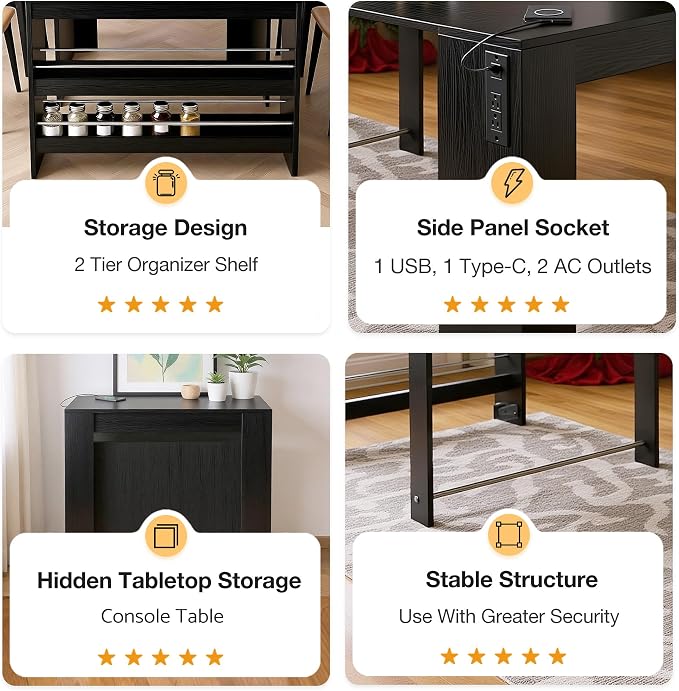 Kikihouse 19.6"-118.1" Modern Extendable Dining Table with Outlet, 2 to 12 People Space Saving Expanding Table with Storage for Party, Weddings, Meetings, Celebrations (Black)