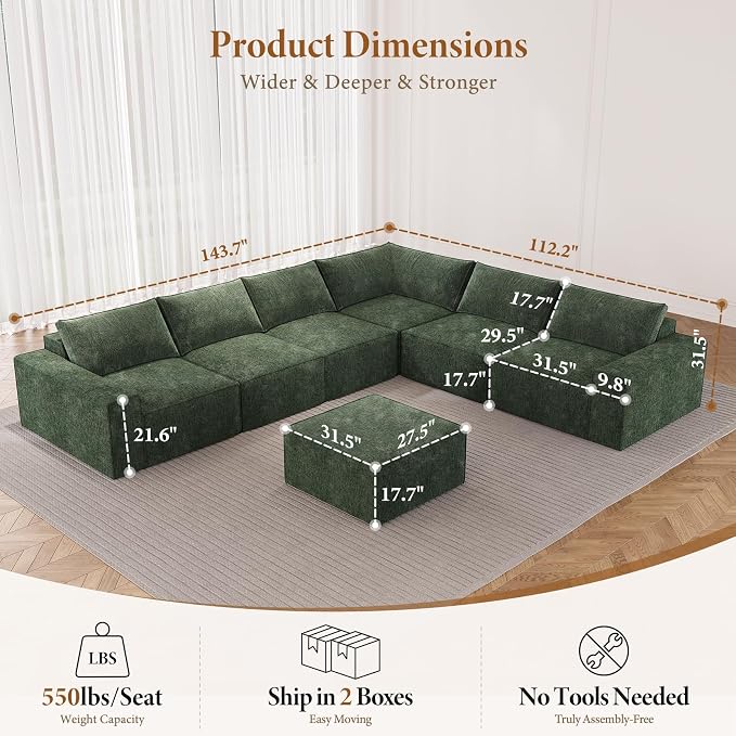 Vesgantti 143.7" Oversized Boneless Couch, Modern 7 Seater Modular Sectional Sofa with Deep Seat, Convertible Chenille Cloud Couches for Living Room, No Assembly Required, Green