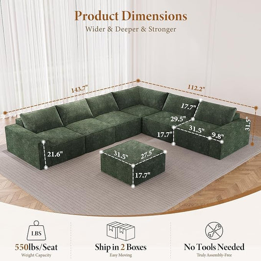 Vesgantti 143.7" Oversized Boneless Couch, Modern 7 Seater Modular Sectional Sofa with Deep Seat, Convertible Chenille Cloud Couches for Living Room, No Assembly Required, Green