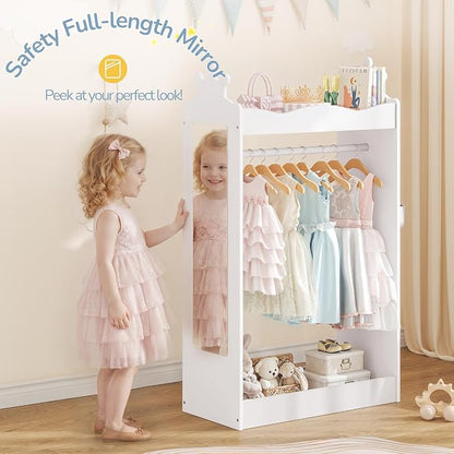 Curipeer Kids Dress Up Storage with Full-Length Mirror, Princess Closet for Little Girls, Kids Dress Up Rack with Crown Top, 42" Open Hanging Armoire Wardrobe for Bedroom, Playroom, Nursery, White