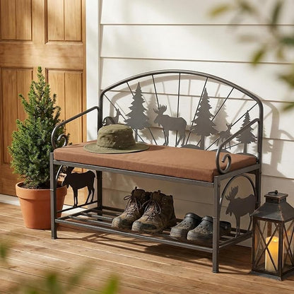 Bluecat 41.3" Entryway Shoe Bench,Rustic Metal with Forest Design, Padded Cushion Shoe Rack Bench for Hallway, Foyer, Cabin, Farmhouse Decor, Easy Assembly