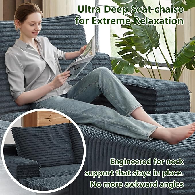 96" Modular Sectional Sofa, Modern Corduroy Cloud Couch, Boneless Couch Upholstered 3-Seater L-Shaped Sofa for Living Room, No Assembly Required (Dark Grey, Right-Facing Chaise)