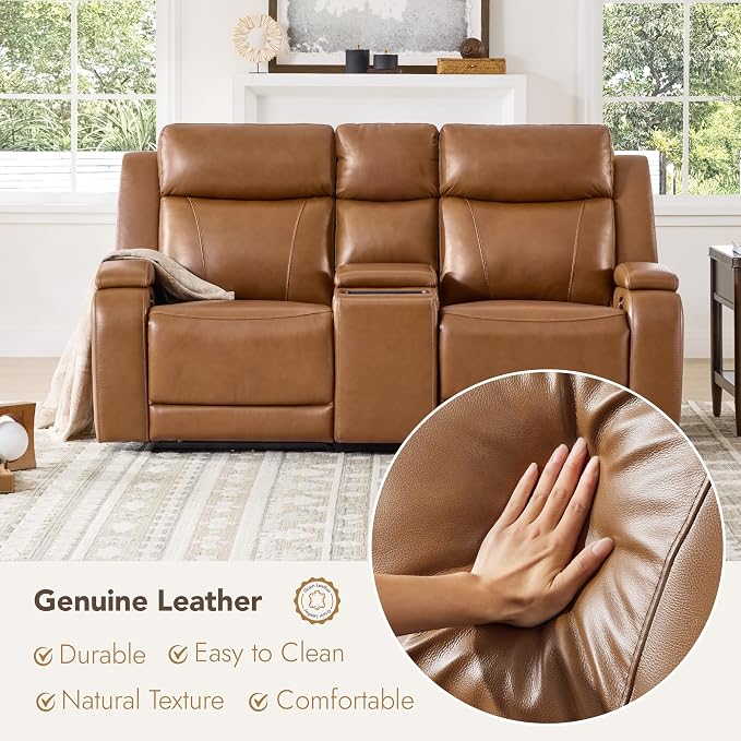 Watson & Whitely Genuine Leather Power Loveseat Recliner Sofa, Zero Gravity Reclining Sofa with Console, Power Headrest & Wireless Charging, Cup Holder, 2-Seater Recliner for Living Room, Saddle Brown