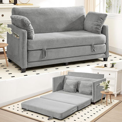 65" Convertible Loveseat Sofa Bed, 2-in-1 Folding Sofa Bed with 2 Pillow for Small Spaces, Modern Loveseat Sleeper Couch for Apartment, Living Room & Guest Room (Corduroy Light Grey, 65 inch)