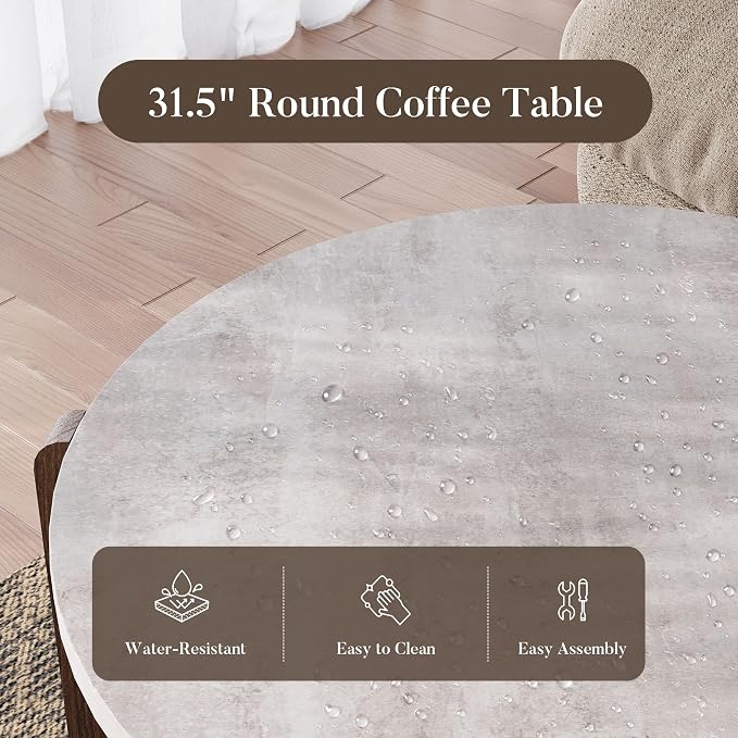 COSIEST Modern Round Coffee Table & Side Table Set, Faux Marble Wood Top, Walnut & Cream White Legs, Minimalist Living Room Center & Accent Table(2 PCS)
