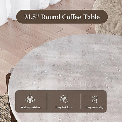 COSIEST 31.5" Round Coffee Table, Faux Marble Tabletop with Walnut Wood Grain Legs, Modern Minimalist Center Table for Living Room, Waterproof & Easy Assembly, Off-White