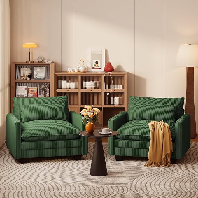 Gizoon Cloud Accent Chair with Washable Cover, Corduroy Single Sofa Chair with Comfy Deep Seat, Modern Armchair with Pillow for Living Room Bedroom, Green