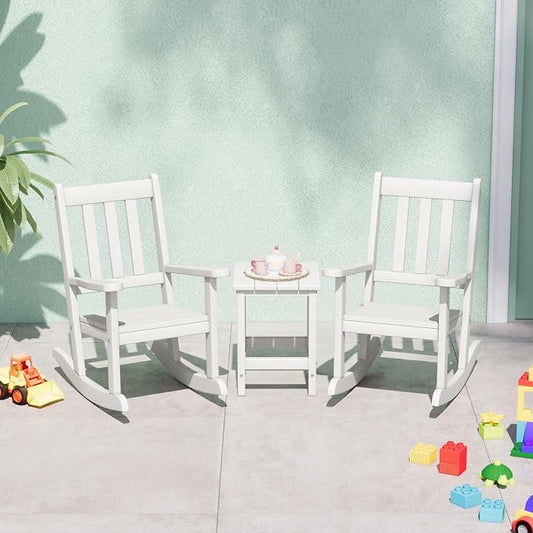 Costaelm Paradise Kids 3-Piece Outdoor HDPE Plastic Square Side Table and Rocking Chairs Set, White