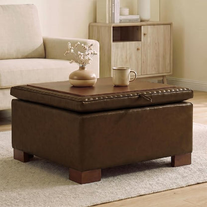 24 Inch Square Storage Ottoman Coffee Table, Modern Tufted Upholstered Ottoman with Flip Tray and Solid Wood Legs, Suitable for Living Rooms, Faux Leather Coffee