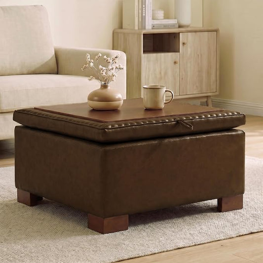 24 Inch Square Storage Ottoman Coffee Table, Modern Tufted Upholstered Ottoman with Flip Tray and Solid Wood Legs, Suitable for Living Rooms, Faux Leather Coffee
