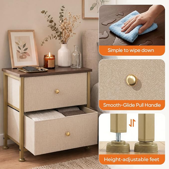 Sweetcrispy Nightstand Set of 2 with 2 Storage Drawers, Small Bedside Table | 20" Height Furniture End Table, Wooden Top Fabric Cabinet for Bedroom, Closet, Entryway, Khaki 2Pack
